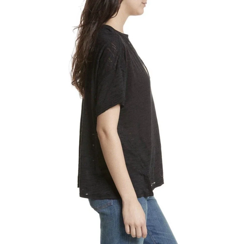 Free People Maddie Burnout Tee Black Oversized V Neck Short Sleeve S